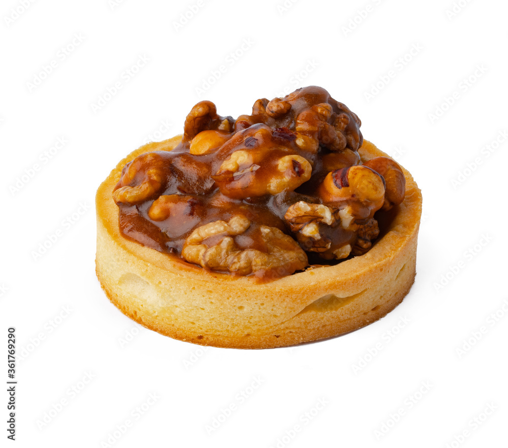 Tart with nuts and caramel isolated on white Tart with nuts and caramel isolated on white