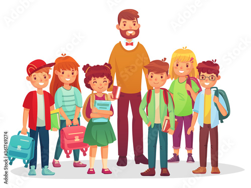 Junior high school kids and teacher. Man and happy teenagers with backpacks and books standing together. Children learning at school, pupil cartoon characters with rucksack vector illustration