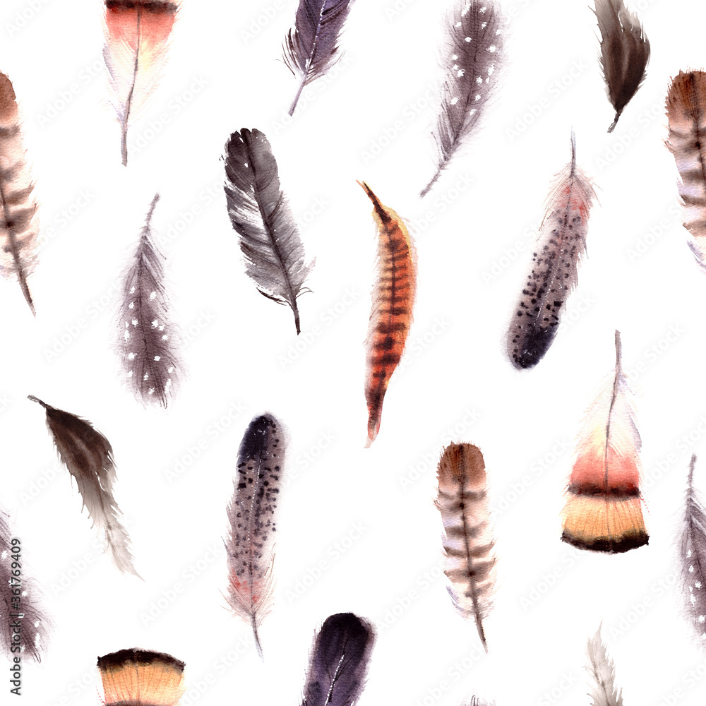 Hand drawn watercolor flying feather seamless Hand drawn watercolor flying feather seamless