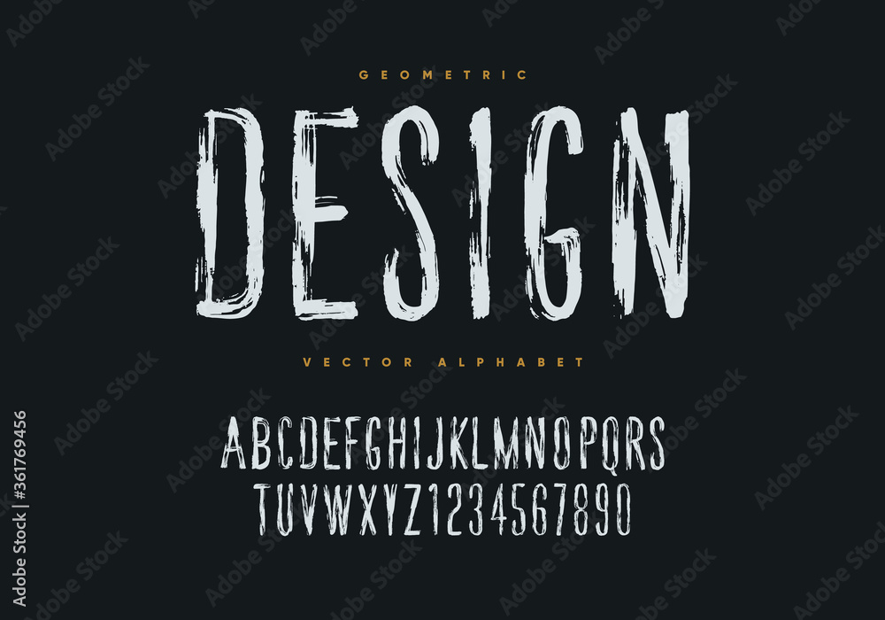 Grunge font design. Hand drawn style geometric alphabet and numbers. Eps10 vector.