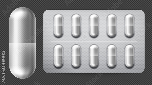 Medical pill packaging with capsules. Illness and pain treatment with painkiller, antibiotic or vitamin tablet. 3d realistic blister icon with drugs isolated on transparent background vector