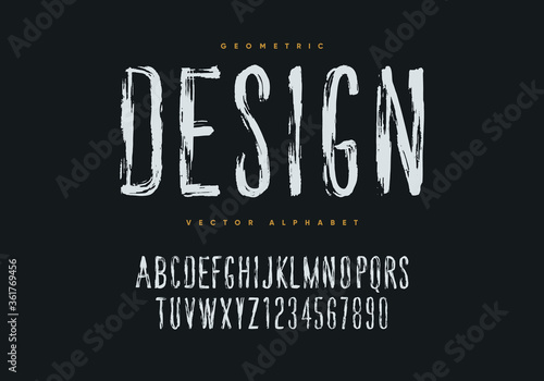 Grunge font design. Hand drawn style geometric alphabet and numbers. Eps10 vector.