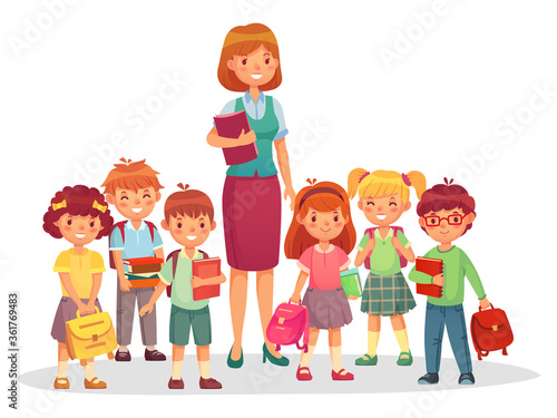 Primary school kids with smiling teacher. Children learning at school  education concept. Woman tutor with small pupils holding books and notebooks standing together in group vector illustration