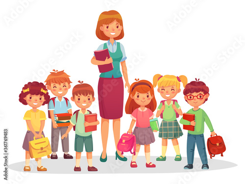 Primary school kids with smiling teacher. Children learning at school, education concept. Woman tutor with small pupils holding books and notebooks standing together in group vector illustration