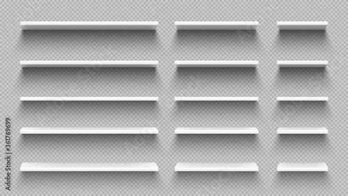 Realistic white empty shelves with shadow isolated on transparent wall background. Modern horizontal hardwood 3d furniture set for retail shop store, home or office vector illustration
