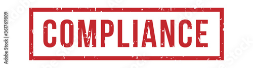 Compliance rubber red stamp. Square grunge red seal with spots and scratches isolated on white background. Stamp or icon with red ink for business, shop or store vector illustration