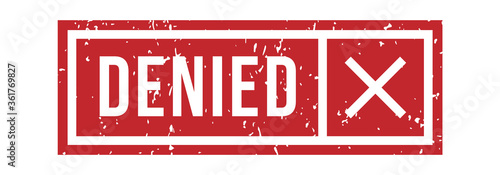 Denied rubber stamp with cross in red square frame with border. Vintage or grunge seal or mark for rejection and denial for visa, application, access isolated on white background vector illustration
