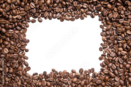 Roasted coffee beans frame isolated on white background. Border of coffee beans arranged to enclose and frame a sample area of white space for your design needs