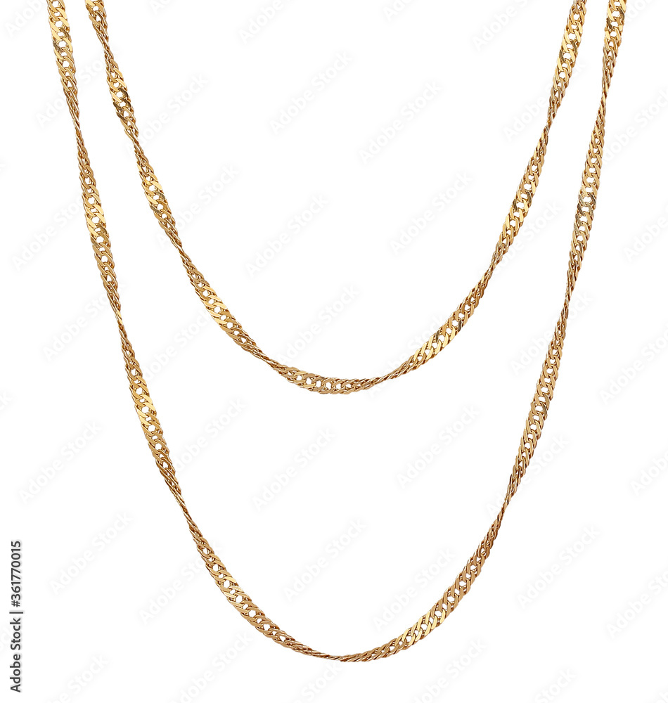 Fragment of a gilded chain in yellow on a white background. Isolated Fragment of a gilded chain in yellow on a white background. Isolated
