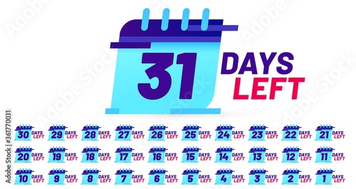 Days number left badges, countdown sticker design. Calendar page with date for product promotion isolated on white background set. Limited offer with timer, sale or big deal banner vector
