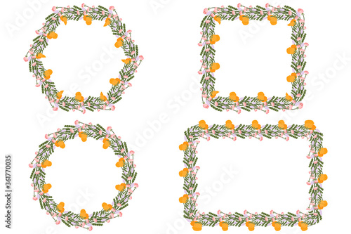 Set of invitation wreath with lilac, dandelion, fern and pink flowers. Celebrate birthday, wedding floral template. Vintage vector ornament.