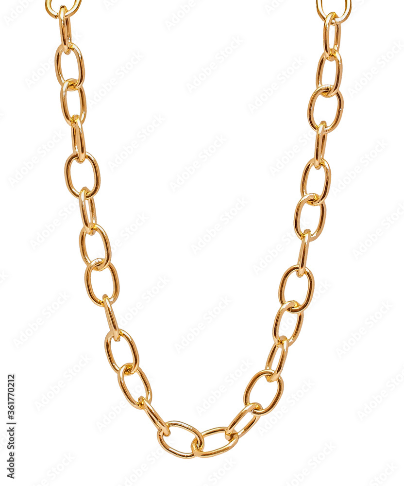 Fragment of a gilded chain in yellow on a white background. Isolated Fragment of a gilded chain in yellow on a white background. Isolated