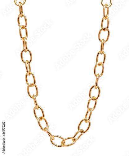 Fragment of a gilded chain in yellow on a white background. Isolated