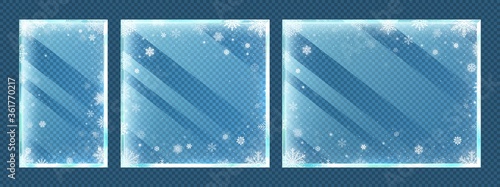 Frozen glass frames with snowflakes. Winter window border set with snow frost and ice effect isolated on transparent background. Christmas and new year holidays vector illustration