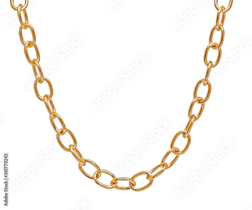 Fragment of a gilded chain in yellow on a white background. Isolated
