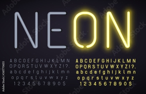 Neon font with light on and off. Glowing alphabet, numbers and punctuation marks with luminous effect. Yellow on and off lamps. Latin letters isolated on black background vector illustration