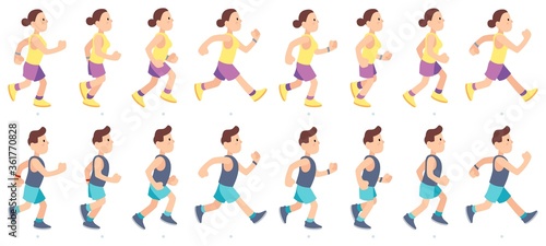 Man and woman character running. People animation. Sport athlete wearing sportswear having marathon race. Jogging couple having fitness or workout, healthy lifestyle vector illustration