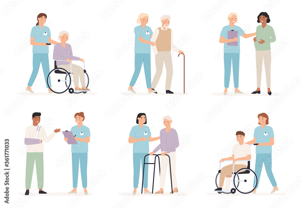 Nurse cares of patient. Family doctors with people in hospital, x ray examination. Care for elderly and disabled healthcare vector concept. Pregnant woman consultation, checking broken arm, leg Nurse cares of patient. Family doctors with people in hospital, x ray examination. Care for elderly and disabled healthcare vector concept. Pregnant woman consultation, checking broken arm, leg