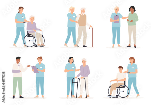 Nurse cares of patient. Family doctors with people in hospital, x ray examination. Care for elderly and disabled healthcare vector concept. Pregnant woman consultation, checking broken arm, leg