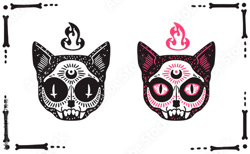Occult gothic cat skulls set isolated on white. Mysterious vector print for stickers, apparel, etc.