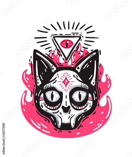 Occult cat skull with an eye of providence and fire. Cute vector illustration isolated on white. Gothic cartoon print.