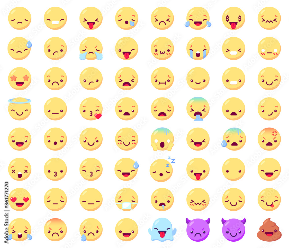Flat emoticon emoji. Happy smiling yellow faces, angry and sad, joy and cry, facial expressions. Ghost, devil and shit vector icons set. Reaction for communication or chat in social network Flat emoticon emoji. Happy smiling yellow faces, angry and sad, joy and cry, facial expressions. Ghost, devil and shit vector icons set. Reaction for communication or chat in social network