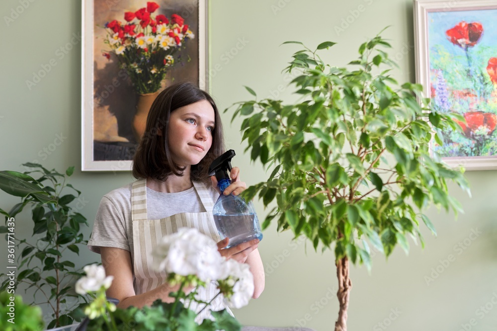Gardening of apartment with house plants, teenage girl caring for potted plant