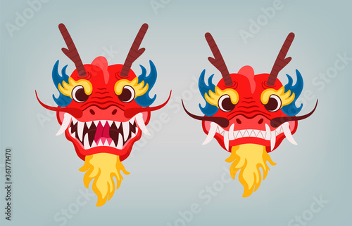 Red oriental dragon head with horns and a beard in flame. Vector flat illustration in cartoon style.