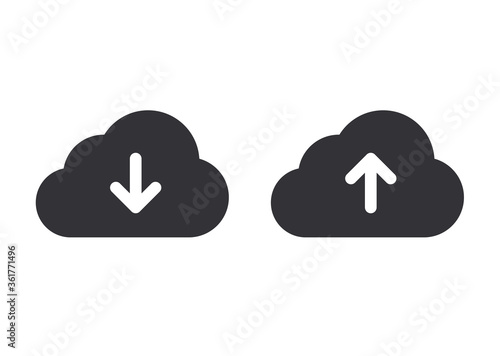 Download icon. Cloud download icon. Unloading. Computer communication. Cloud storage icon. Clouds with arrows. Loading is complete. Download file. Send file. Cloud silhouette.