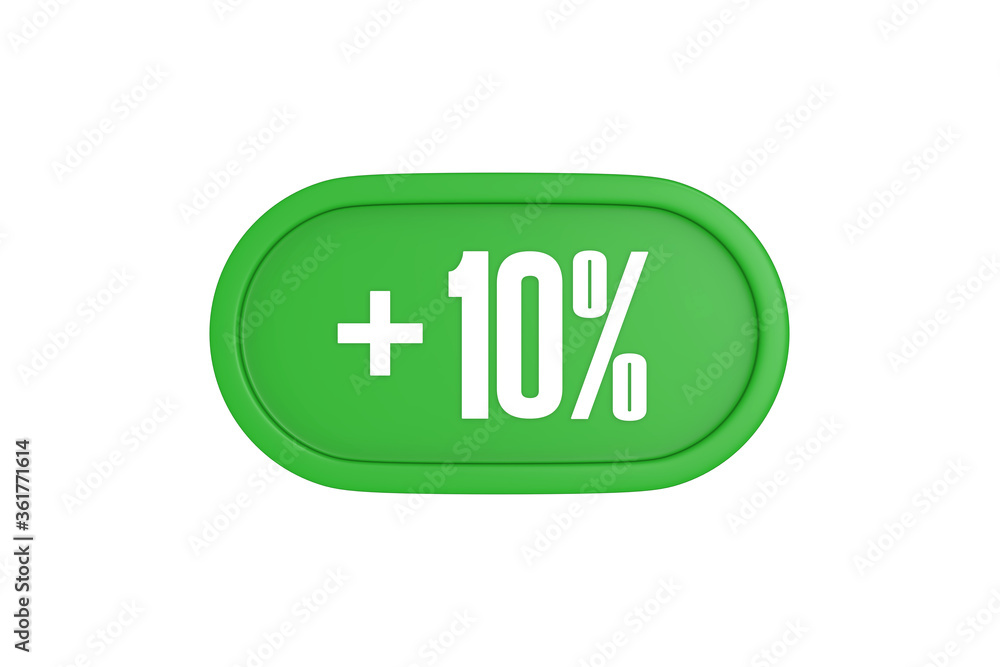 10 Percent increase 3d sign in green color isolated on white background, 3d illustration. 10 Percent increase 3d sign in green color isolated on white background, 3d illustration.