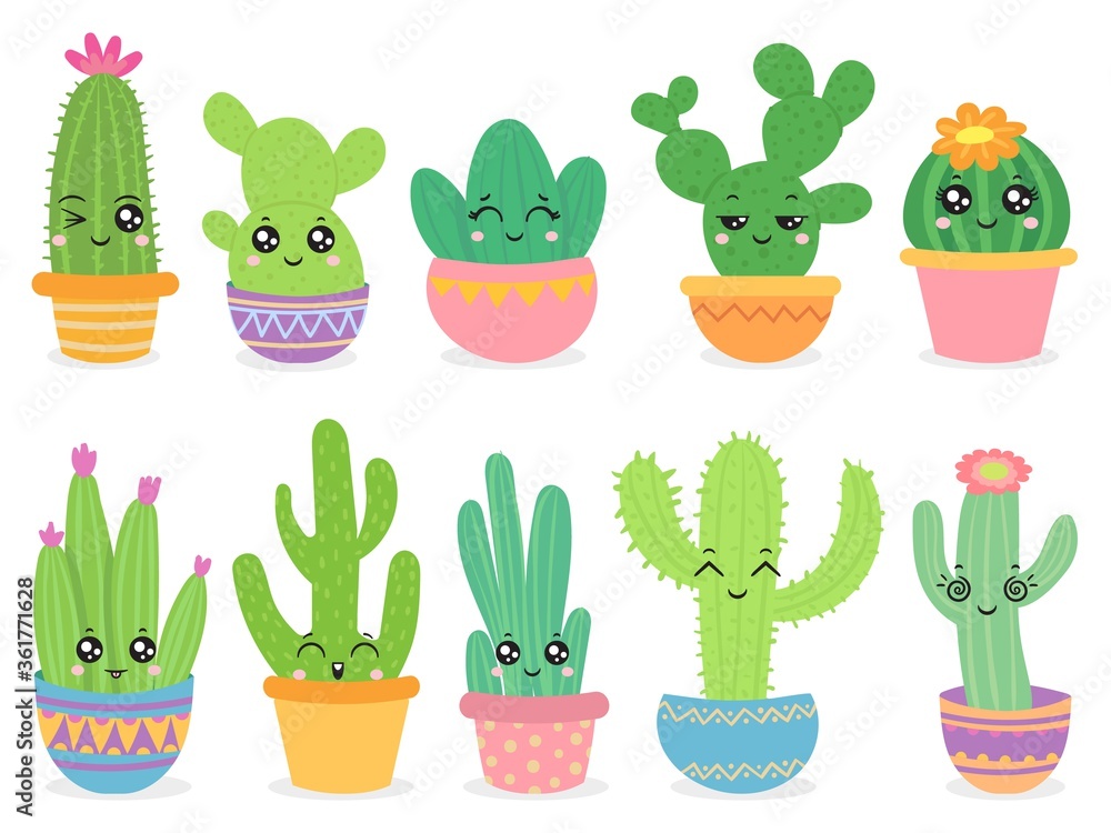 Cartoon cactus. Cute succulent or cacti plant with happy funny face,  tropical smiling flower sticker, mexican plants color vector characters.  Desert prickly plant badges in pots isolated on white Stock Vector