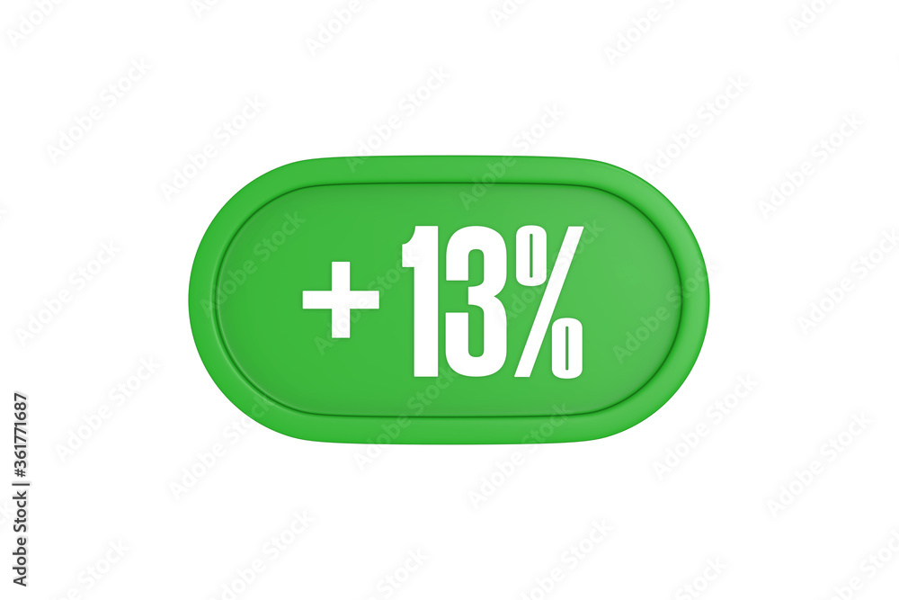 13 Percent increase 3d sign in green color isolated on white background, 3d illustration. 13 Percent increase 3d sign in green color isolated on white background, 3d illustration.