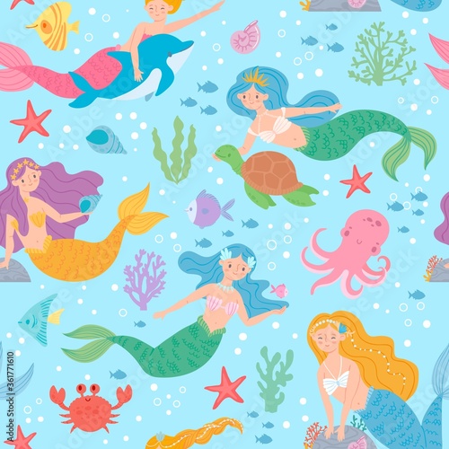 Mermaid seamless pattern. Fairytale princesses and sea creatures underwater world design for wallpaper, fabric print fashion vector texture. Marine life with turtle, octopus, crab and starfish