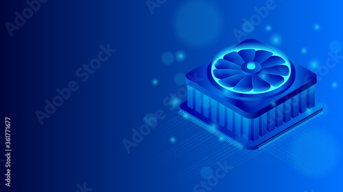 Central processor unit with radiator and cooling system. Isometric illustration.
