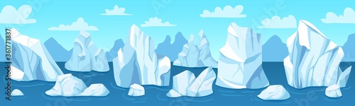 Seamless arctic landscape. Icebergs, snow mountains and hills antarctic drifting glacier, winter panorama, wallpaper vector illustration. Nature in north pole, ocean with melting ice cliff
