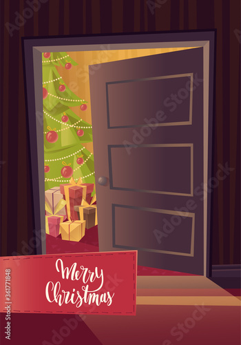 Christmas vector illustration. Opened door. Christmas tree and presents in the living room. Cartoon style.