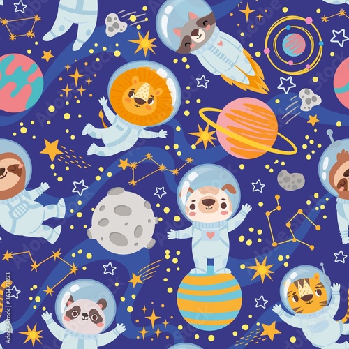 Animals in space. Seamless pattern space team cute animals, astronauts in space suits, starry universe wallpaper kids print vector texture. Lion and raccoon, dog and cat among planets