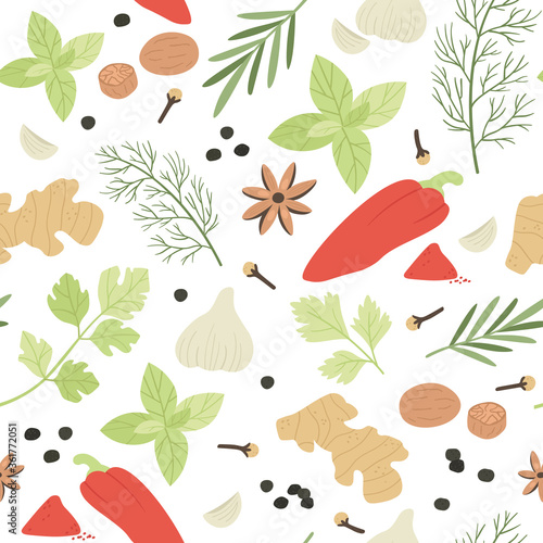 Spices seamless pattern. Hand drawn aromatic cooking ingredients cardamom and ginger, basil and thyme, barberry, dill vector texture. Herbs for culinary, preparing dish with flavors