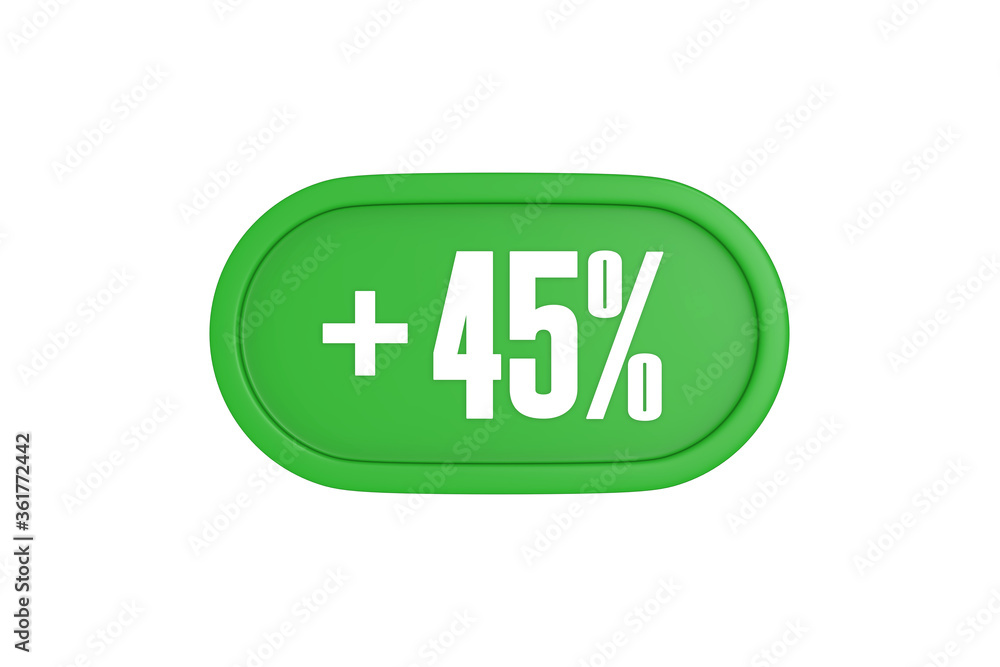 45 Percent increase 3d sign in green color isolated on white background, 3d illustration. 45 Percent increase 3d sign in green color isolated on white background, 3d illustration.