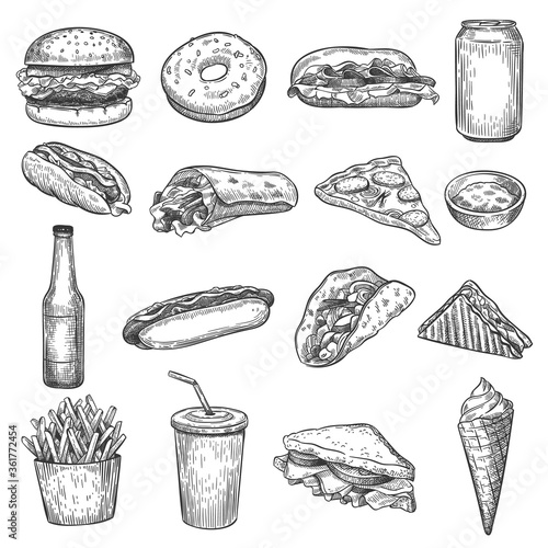 Fast food sketch. Pizza, donut and ice cream, french fries and hamburger. Taco, cola and hot dog, burrito and cheeseburger vector doodle set. Hand drawn junk food elements for fabric print