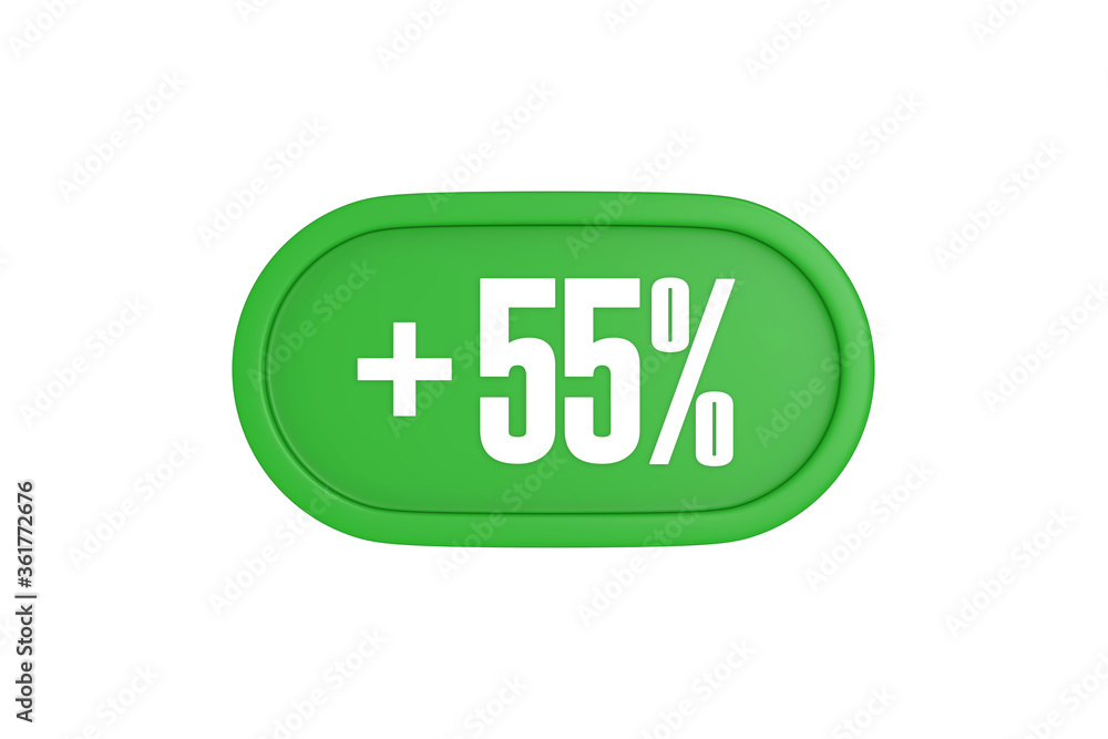 55 Percent increase 3d sign in green color isolated on white background, 3d illustration. 55 Percent increase 3d sign in green color isolated on white background, 3d illustration.