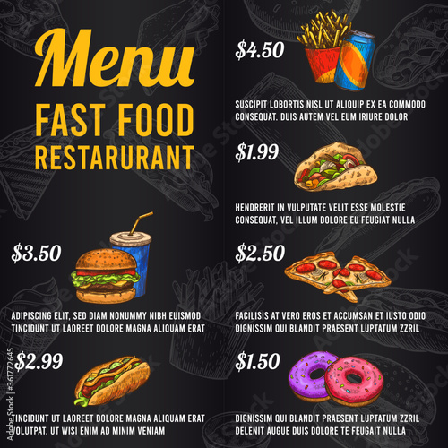 Fast food menu. Sketch price menu fast food restaurant or bistro. Burger and hotdog, snack and fries, pizza and donuts, vector template. Taco and hamburger with soda can or cola drink