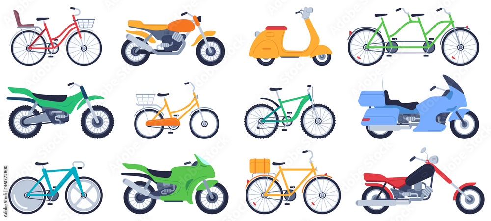Fototapeta premium Flat motorbikes. Motorcycles, bikes and scooters, speed bicycle for delivery product, travel on vehicle, sports motocross vector set. Riding transport elements isolated on white background