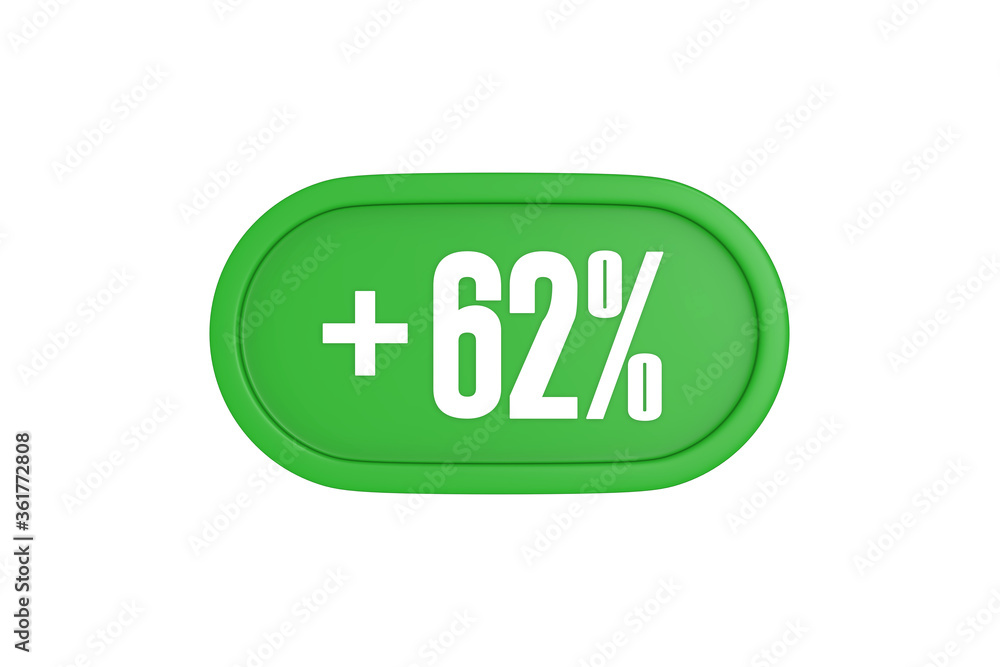 62 Percent increase 3d sign in green color isolated on white background, 3d illustration. 62 Percent increase 3d sign in green color isolated on white background, 3d illustration.
