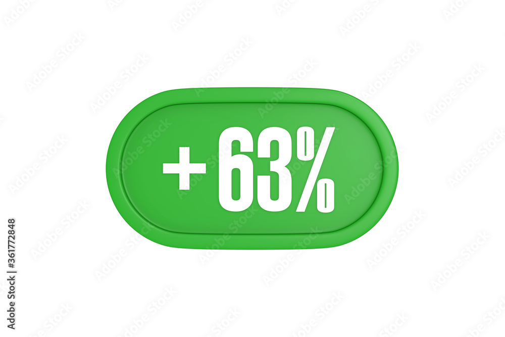 63 Percent increase 3d sign in green color isolated on white background, 3d illustration. 63 Percent increase 3d sign in green color isolated on white background, 3d illustration.