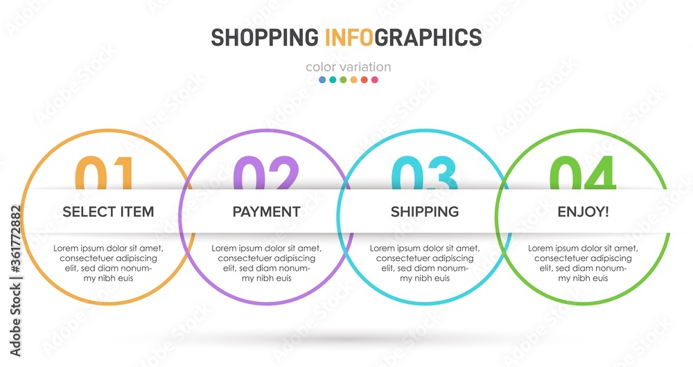 Concept of shopping process with 4 successive steps. Four colorful graphic elements. Timeline design for brochure, presentation, web site. Infographic design layout. Concept of shopping process with 4 successive steps. Four colorful graphic elements. Timeline design for brochure, presentation, web site. Infographic design layout.