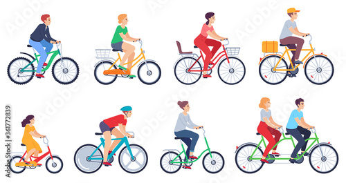 Cycling people. Women, men ride bikes sports outdoor activity, friends riding bicycles race on city street colored cartoon vector set. Characters leading healthy lifestyle, exercising actively