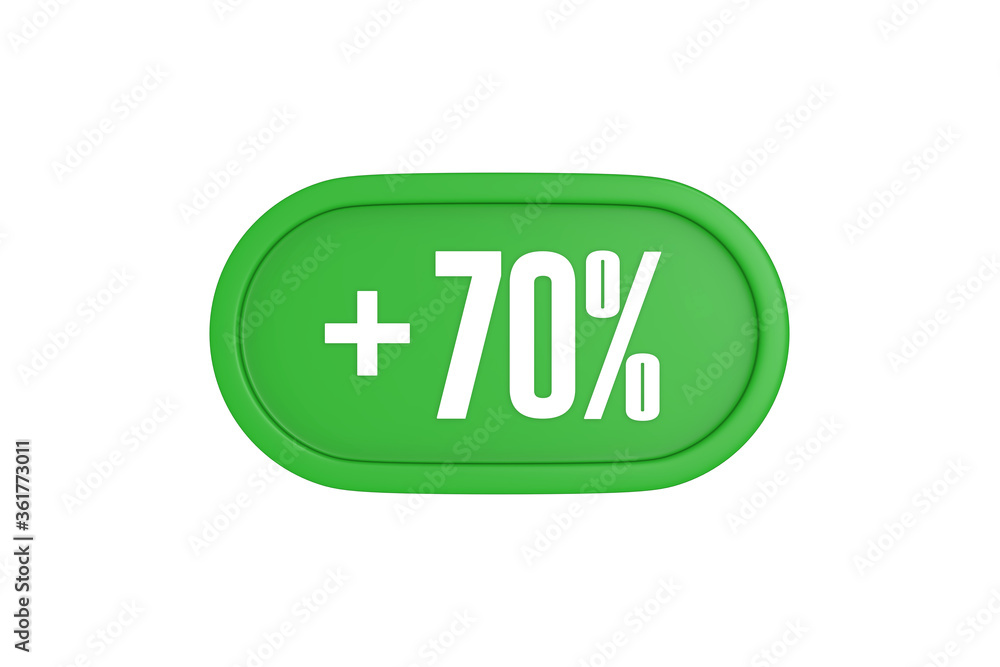 70 Percent increase 3d sign in green color isolated on white background, 3d illustration. 70 Percent increase 3d sign in green color isolated on white background, 3d illustration.