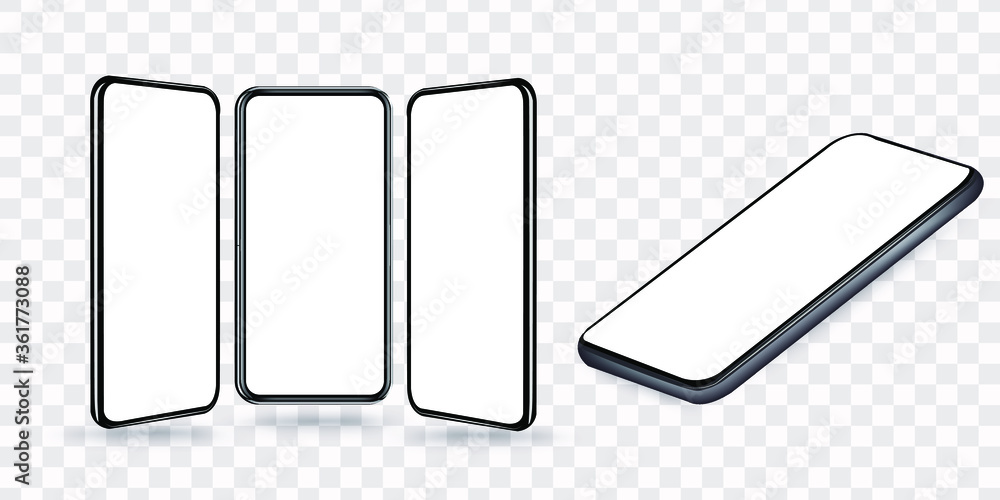 Blank screen smartphone frame, rotated position. Smartphone at different angles. The layout of the universal device. Template for infographic or presentation of 3D realistic phones. Blank screen smartphone frame, rotated position. Smartphone at different angles. The layout of the universal device. Template for infographic or presentation of 3D realistic phones.