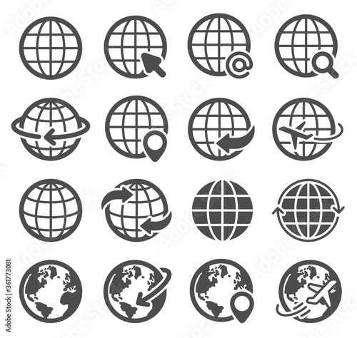 Globe icons set. World earth, worldwide map continents spherical planet, internet global communication pictograms, geography vector symbols for website design and application development